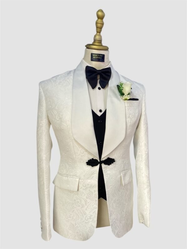 French Buttoned Ivory Jacquard Tuxedo Suit