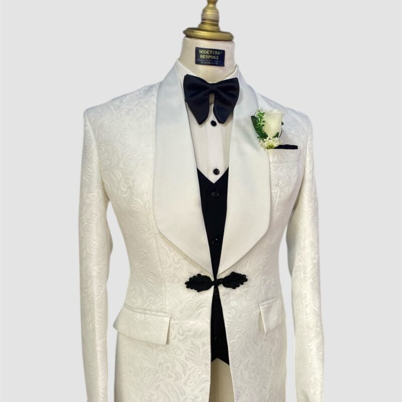 French Buttoned Ivory Jacquard Tuxedo Suit
